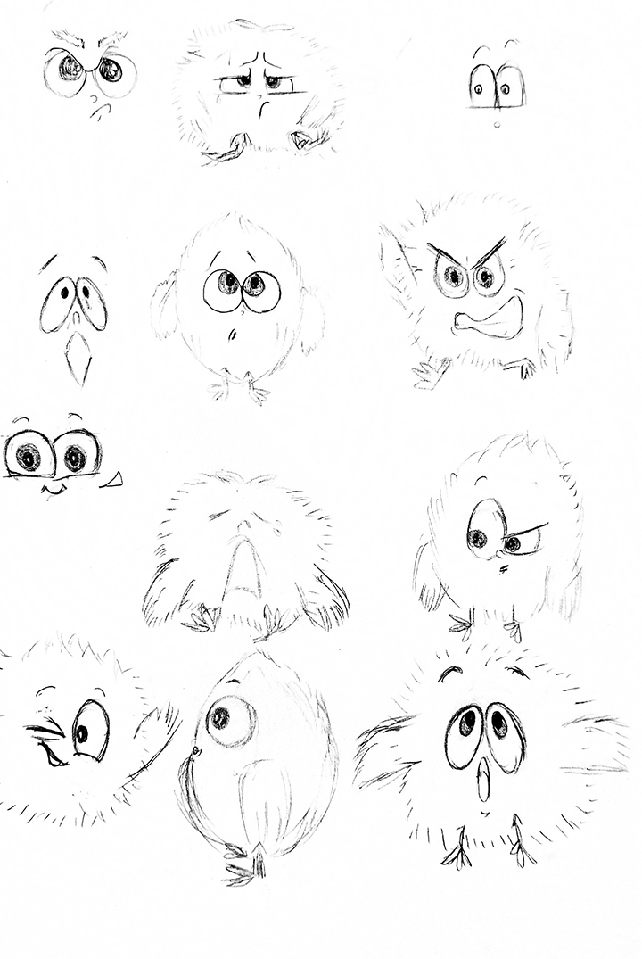 Different character sketches of the design of our main character